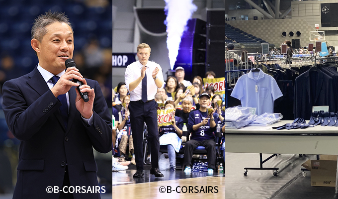 冠試合「AOKI SPECIAL GAME DAY」で挨拶する諏訪さん(写真左)。白熱する試合展開に沸く会場(写真中央)。出展ブースでは、ファンは“推し”の選手と同じスーツやネクタイを購入できる(写真右)